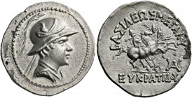 Eucratides circa 170 – 145.   Drachm, Balkh circa 170-145, AR 4.09g. Draped and cuirassed bust of Eucratides r., wearing Boeotian helmet adorned with ...
