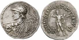 Lysias, circa 120 – 110.   Tetradrachm, Pushkalavati circa 120-110, AR 16.84 g. Bust of Lysias l., seen from behind, wearing crested Boeotian helmet o...