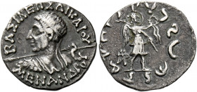 Menander II, circa 90 – 85.   Drachm, Parapamisadae circa 90-80, AR 2.24 g. ΒΑΣΙΛΕΩΣ ΔΙΚΑΙΟΥ Diademed, draped and cuirassed bust l., seen from behind,...