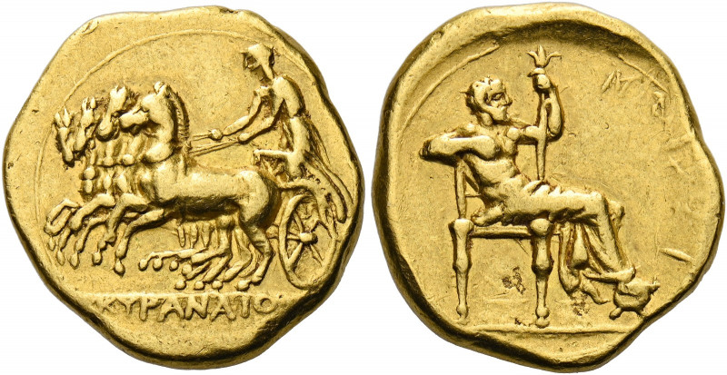 Cyrenaica, Cyrene.   Stater circa 331-322, AV 8.48 g. Fast quadriga driven l. by...