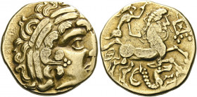 Celtic Coins. Gallia, Armorica, Aulerci Diablintes.   Stater circa 100-50 BC, AV 7.52 g. Stylized and laureate head of Apollo r. Rev. Chariot driven r...