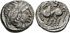 Eastern Celts, Danube region and Balkans.   Drachm circa 2nd-1st century BC, AR 3.63 g. Laureate head of Zeus r. Rev. Celticized horse prancing l; abo...