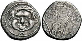 Etruria, Populonia.   5 Asses 3rd century BC, AR 1.97 g. Facing head of Metus, wearing diadem; below, V. Rev. Trident. Vecchi II, 72-73. Vicari 70. EC...
