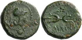 Apulia, Uncertain mint.   Bronze circa 300-250, AE 11.89 g. Head of Athena r., wearing Corinthian helmet. Rev. [K]AIΣIEΣ – [EOYMENTHI] Thunderbolt; be...