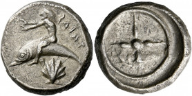Calabria, Tarentum.   Nomos circa 510-450, AR 7.68 g. TAPAS retrograde Oecist on dolphin l., raising both hands; below, pecten. Rev. Four-spoked wheel...