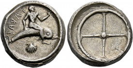 Calabria, Tarentum.   Nomos circa 510-450, AR 7.62 g. TARAS retrograde Oecist on dolphin r., raising l. hand and resting r. on dolphin's back; below, ...