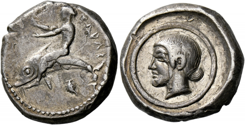 Calabria, Tarentum.   Nomos circa 510-450, AR 7.86 g. TAPAS Oecist on dolphin l....