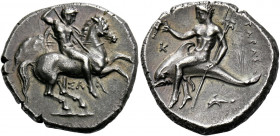 Calabria, Tarentum.   Nomos circa 315-300, AR 7.88 g. Armed horseman galloping r., spearing downward; below horse, ΣΑ. Rev. TAPAΣ Dolphin rider l., ho...