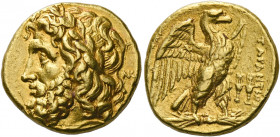 Calabria, Tarentum.   Stater circa 276-272 BC, AV 8.55 g. Laureate head of Zeus l.; behind, NK ligate. Rev. TAPANTINΩN Eagle with open wings standing ...