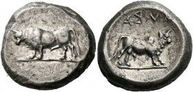 Sybaris.   Nomos circa 453-448 BC or 440-400, AR 7.90 g. Bull standing l. Rev. A(retrograde B)VM Bull standing r. Historia Numorum Italy –, cf. 1747. ...