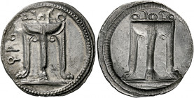 Bruttium, Croton.   Nomos circa 530-500, AR 8.04 g. [koppa]PO Tripod, legs ending in lion’s paws, with three handles. Rev. The same type incuse. Gorin...