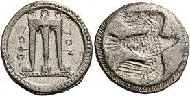 Bruttium, Croton.   Nomos circa 500-480, AR 7.40 g. [koppa]PO – TON Tripod, legs ending in lion’s paws, with three handles. Rev. Eagle flying r., incu...