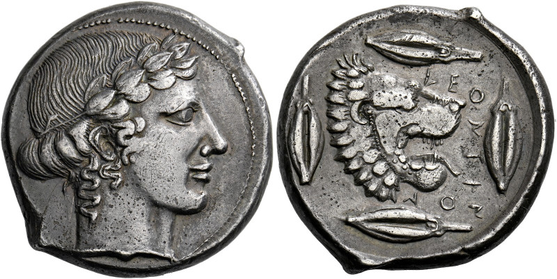Leontini.   Tetradrachm circa 450, AR 17.29 g. Laureate head of Apollo r. Rev. L...