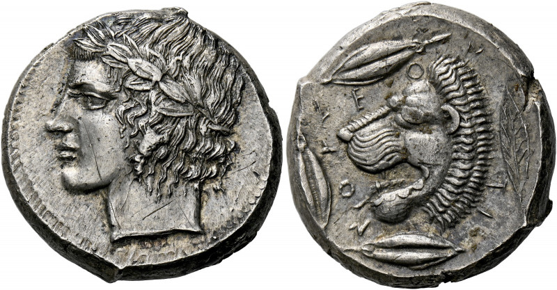 Leontini.   Tetradrachm circa 430-425, AR 17.08 g. Laureate head of Apollo l. Re...