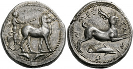 Messana.   Tetradrachm circa 425-421, AR 17.33 g. MEΣΣANA Biga of mules driven r. In exergue, two dolphins snout to snout. Rev. MEΣ – ΣA – NI – O – N ...