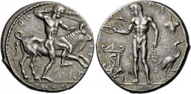Selinus.   Didrachm circa 460-440, AR 8.77 g. Σ – Ε – Λ Ι – NO – TI – ON Heracles, naked, to r., pressing l. knee against Cretan bull and grasping r. ...