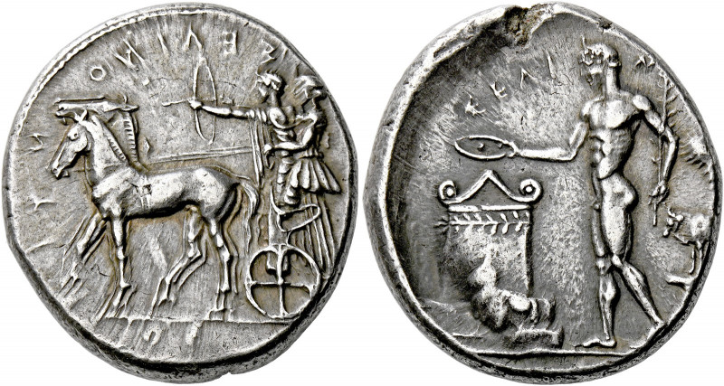 Selinus.   Tetradrachm circa 440, AR 17.32 g. ΣΕΛΙΝΟ – Ν – ΤΙ – ΟΣ retrograde Sl...