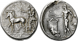 Selinus.   Tetradrachm circa 440, AR 17.32 g. ΣΕΛΙΝΟ – Ν – ΤΙ – ΟΣ retrograde Slow quadriga l. in which stand Apollo and Artemis, respectively shootin...