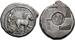 Syracuse.   Tetradrachm circa 510-500, AR 17.09 g. ΣVRA Slow quadriga driven r. by charioteer, wearing long chiton and holding reins in each hand. Rev...