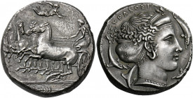 Syracuse.   Tetradrachm, unsigned but attributed to Eukleidas circa 413-399, AR 17.29 g. Fast quadriga driven l. by charioteer, holding kentron and re...