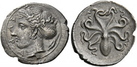 Syracuse.   Litra signed by Eukleidas circa 405-395, AR 0.81 g. ΣYP – A Head of nymph Arethusa, wearing earring, necklace, sakkos and ampyx on which, ...