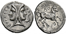 Syracuse.   2 litrae circa 344-317, AR 1.09 g. ΣYRAKOΣ – IΩN Female janiform head; in r. field, one dolphin. Rev. Horse prancing r.; above, star. SNG ...
