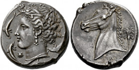 The Carthaginians in Sicily and North Africa.   Tetradrachm "mint of the Camp" circa 320-300, AR 16.92 g. Head of Tanit (Kore-Persephone) l., wearing ...