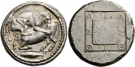 Macedonia, Acanthus.   Tetradrachm circa 430-400, AR 17.23 g. Bull crouching to l., attacked by lion leaping on its back to r.; on rump of bull, ΔI. I...