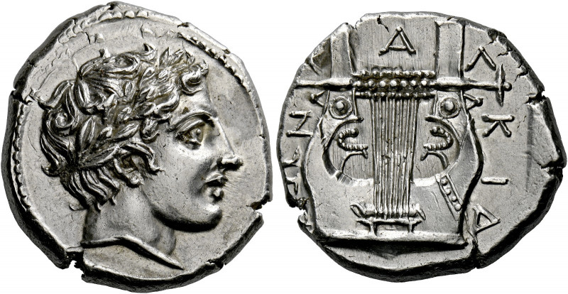 The Chalcidian League, Olynthus.   Tetradrachm circa 410-401, AR 14.44 g. Laurea...