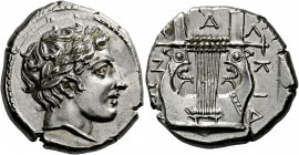 The Chalcidian League, Olynthus.   Tetradrachm circa 410-401, AR 14.44 g. Laureate head of Apollo r. Rev. X – A – Λ / ΚΙΔ / ΕΩΝ Seven-stringed cithara...