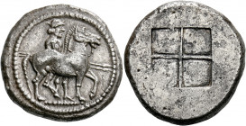 Kings of Macedonia, Alexander I, 498-454.   Octodrachm circa 492-480, AR 29.00 g. Warrior, wearing causia and holding two spears, standing behind hors...