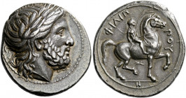 Philip II, 359 – 336 and posthumous issues.   Tetradrachm, Pella circa 342/1-337/6, AR 14.48 g. Laureate head of Zeus r. Rev. ΦIΛIΠ – ΠOY Horseman rid...