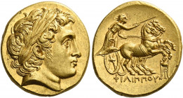 Philip III, 323 – 317.   Stater, Colophon circa 322-319, AV 8.62 g. Laureate head of Apollo r. Rev. ΦΙΛΙΠΠΟΥ Fast biga driven r. by charioteer holding...