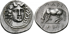 Thessaly, Larissa.   Drachm circa 380-365, AR 6.00 g. Head of the nymph Larissa facing slightly r., wearing ampyx and necklace. Rev. ΛΑΡΙ / ΣΑΙΩΝ Hors...