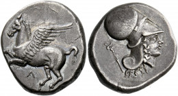 Acarnania, Leucas.   Stater circa 400-350, AR 8.46 g. Pegasus flying l.; below, Λ. Rev. Head of Athena r., wearing Corinthian helmet; behind, caduceus...