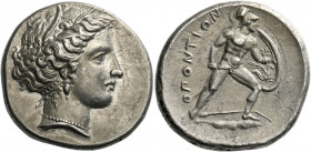 Locri, Locri Opuntii.   Stater circa 340, AR 12.01 g. Wreathed head of Demeter r., wearing necklace and earrings. Rev. OΠONTIΩN Ajax advancing r., dag...