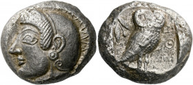 Attica, Athens.   Tetradrachm, uncertain mint in Asia Minor or the Levant circa 520, AR 17.62 g. Helmeted head of Athena l. Rev. AΘΕ Owl standing r., ...