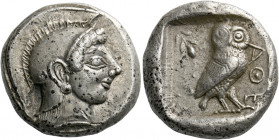 Attica, Athens.   Tetradrachm, civic mint circa 510, AR 17.34 g. Helmeted head of Athena r. Rev. AΘΕ Owl standing r., with closed wings, head facing; ...