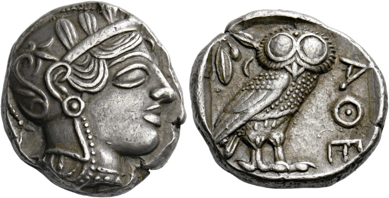 Attica, Athens.   Tetradrachm circa 420-404, AR 17.15 g. Head of Athena r., wear...