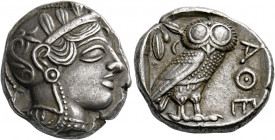 Attica, Athens.   Tetradrachm circa 420-404, AR 17.15 g. Head of Athena r., wearing crested helmet, earring and necklace; bowl ornamented with spiral ...