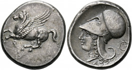 Corinthia, Corinth.   Stater, circa 375-300, AR 8.53 g. Pegasus flying l.; below, [koppa]. Rev. Head of Athena l., wearing wreathed Corinthian helmet ...
