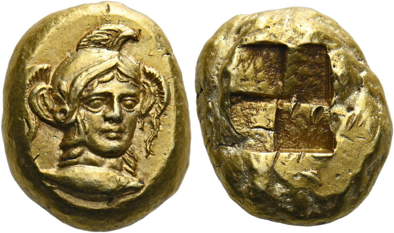 Mysia, Cyzicus.   Stater circa 450-400, EL 16.05 g. Head of Athena facing three-...