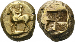 Mysia, Cyzicus.   Stater circa 450-400, EL 16.01 g. Youth on horseback l., crowning horse; below, tunny l. Rev. Quadripartite incuse square. von Fritz...