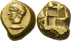 Mysia, Cyzicus.   Stater circa 450-400, EL 15.98 g. Head of young male l.; below, tunny l. Rev. Quadripartite incuse square. von Fritze 143 and pl. IV...