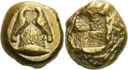 Mysia, Cyzicus.   Stater circa 450-400, EL 16.03 g. Two eagles, with closed wings, confronting each other and standing on omphalos covered with networ...