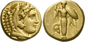 Pergamum.   Stater circa 334-332, AV 8.50 g. Head of deified Alexander the Great r., wearing lion’s skin headdress. Rev. Facing Palladium, wearing cal...