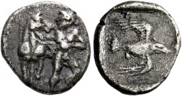 Ionia, Magnesia ad Maeandrum.   Tetrobol circa 465-400, AR 2.07 g. Male figure standing facing, head l., leading with his r. arm a horse standing faci...