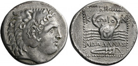 Islands off Caria, Cos.   Tetradrachm circa 285-260, AR 14.96 g. Head of young Heracles r., wearing lion skin. Rev. Crab; below, bow in case. All with...
