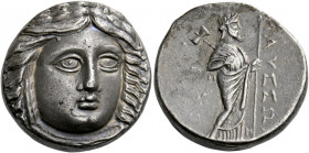 Dynasts of Caria, Maussolus, 377 – 353.   Tetradrachm, Halicarnassus after 367, AR 15.13 g. Laureate head of Apollo facing three-quarters r. Rev. ΜΑΥΣ...