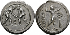 Pamphylia, Aspendus.   Stater circa 330-250, AR 10.38 g. Two wrestlers grappling; in lower middle field, E. Rev. EΣTFEΔIY Slinger standing r.; in r. f...